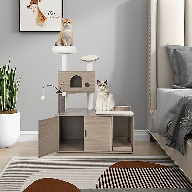 2-in-1 Modern Cat Tower With Litter Box Enclosure For Indoor Cars-gray