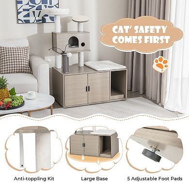 2-in-1 Modern Cat Tower With Litter Box Enclosure For Indoor Cars-gray