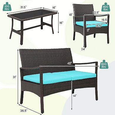 4 Pieces Rattan Conversation Set With Tempered Glass Coffee Table