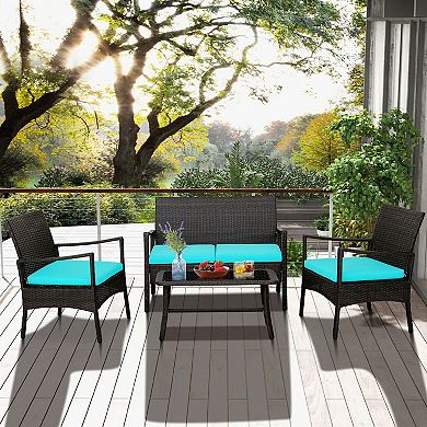 4 Pieces Rattan Conversation Set With Tempered Glass Coffee Table