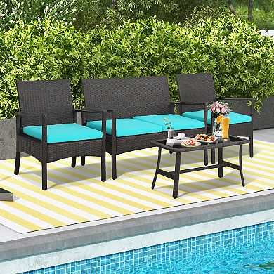 4 Pieces Rattan Conversation Set With Tempered Glass Coffee Table