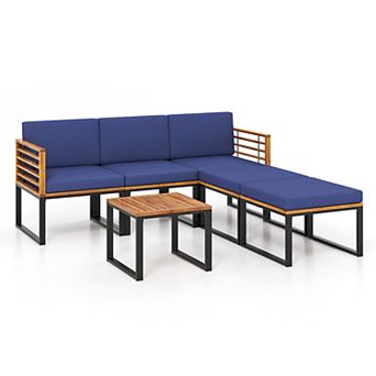 6 pc Patio Acacia Wood Conversation Sofa Set With Ottomans And Coffee Table