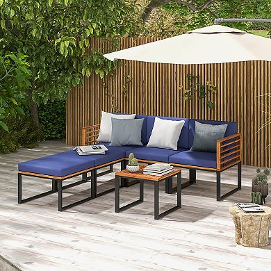 6 Piece Patio Acacia Wood Conversation Sofa Set With Ottomans And Coffee Table