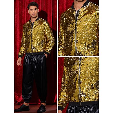 Sequin Varsity Jacket for Men's Zipper Party Disco Flip-Sequin Shiny Bomber Jackets