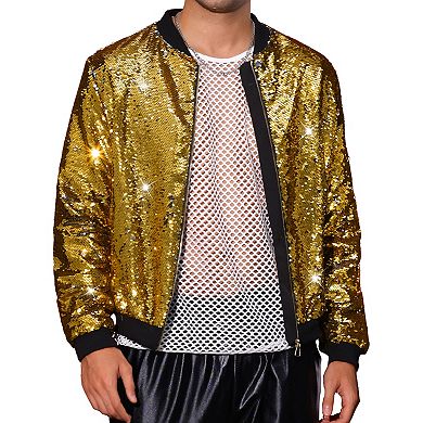 Sequin Varsity Jacket for Men's Zipper Party Disco Flip-Sequin Shiny Bomber Jackets
