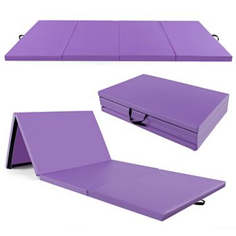 4-Panel PU Leather Folding Exercise Mat with Carrying Handles-Purple