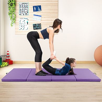 4-Panel PU Leather Folding Exercise Mat with Carrying Handles-Purple