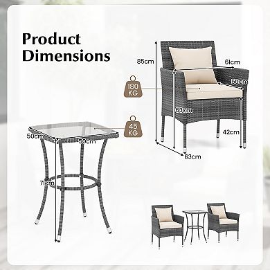 3 Piece Patio Furniture Set with Cushioned Chairs and Glass Coffee Table