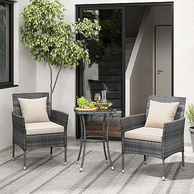 3 Piece Patio Furniture Set with Cushioned Chairs and Glass Coffee Table
