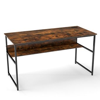 55 Inch Computer Desk with Built In Power Outlets USB Ports and Under Desk Shelf