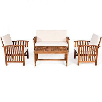 4 pc Patio Solid Wood Furniture Set With Water Resistant Cushions