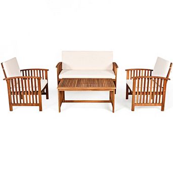4 pc Patio Solid Wood Furniture Set With Water Resistant Cushions