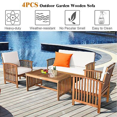 4 Pieces Patio Solid Wood Furniture Set With Water Resistant Cushions