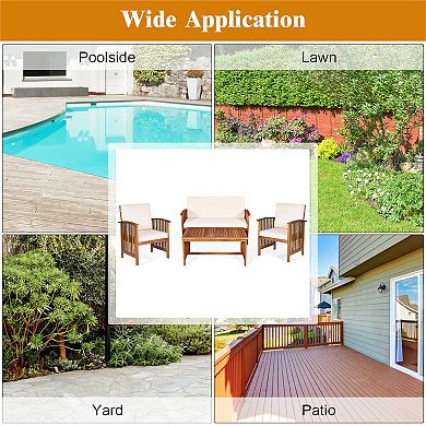 4 Pieces Patio Solid Wood Furniture Set With Water Resistant Cushions