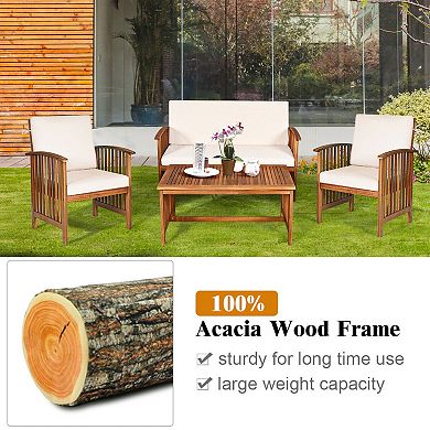 4 Pieces Patio Solid Wood Furniture Set With Water Resistant Cushions