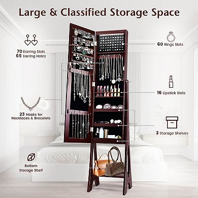 Freestanding Jewelry Cabinet Armoire Organizer with Bevel Edge Mirror