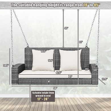 2-Person Patio PE Wicker Hanging Porch Swing Bench Chair Cushion 800 Pounds