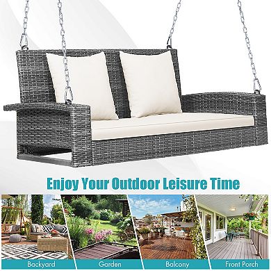 2-Person Patio PE Wicker Hanging Porch Swing Bench Chair Cushion 800 Pounds