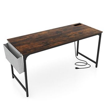 60 Inch Computer Desk with Built In Charging Station Storage Bag and Metal Hook