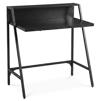 31.5 Inch Industrial Writing Desk with Raised Storage Shelf and Trapezoidal Frame
