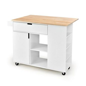 Drop-Leaf Kitchen Island Cart with Rubber Wood Top