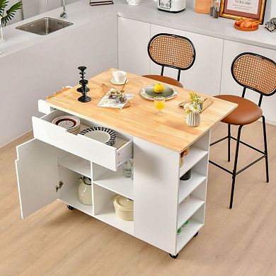 Drop-Leaf Kitchen Island Cart with Rubber Wood Top