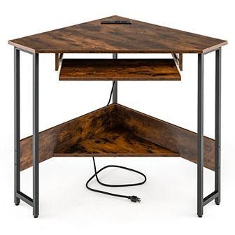 Triangle Corner Desk With Charging Station Keyboard Tray And Storage Shelf