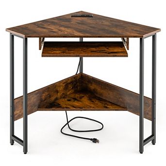 Triangle Corner Desk With Charging Station Keyboard Tray And Storage Shelf