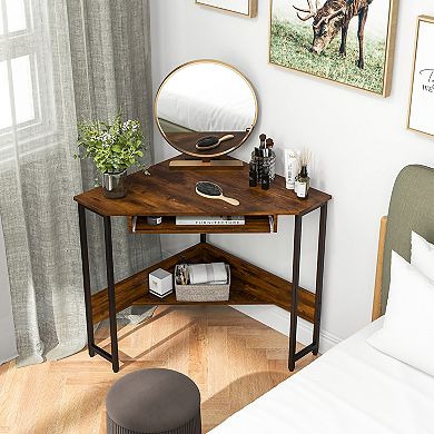 Triangle Corner Desk With Charging Station Keyboard Tray And Storage Shelf