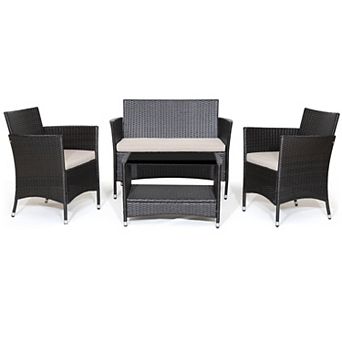 4 pc Patio Conversation Set With Soft Cushions And Tempered Glass Tabletop