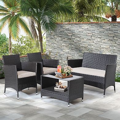 4 Pieces Patio Conversation Set With Soft Cushions And Tempered Glass Tabletop