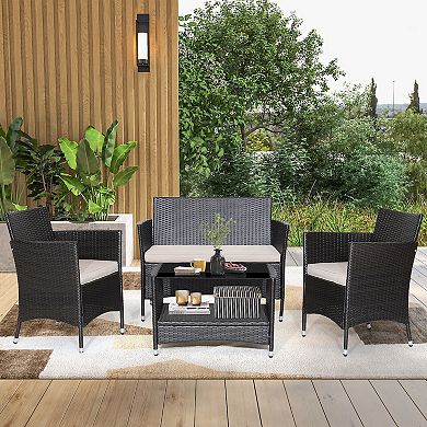 4 Pieces Patio Conversation Set With Soft Cushions And Tempered Glass Tabletop