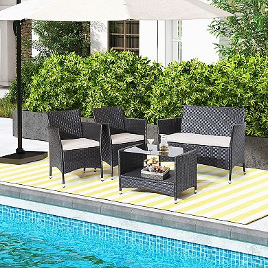4 Pieces Patio Conversation Set With Soft Cushions And Tempered Glass Tabletop