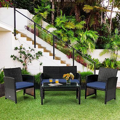 4 Pieces Patio Rattan Cushioned Furniture Set