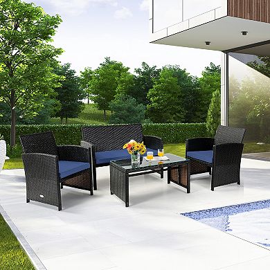 4 Pieces Patio Rattan Cushioned Furniture Set