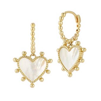 LUMINOR GOLD 14k Gold Mother of Pearl Heart Charm Huggie Hoop Earrings