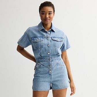 Women's MNK Short Sleeve Denim Romper with Button Closure and Pockets