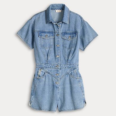Women's MNK Short Sleeve Denim Romper with Button Closure and Pockets