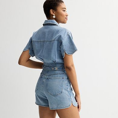 Women's MNK Short Sleeve Denim Romper with Button Closure and Pockets