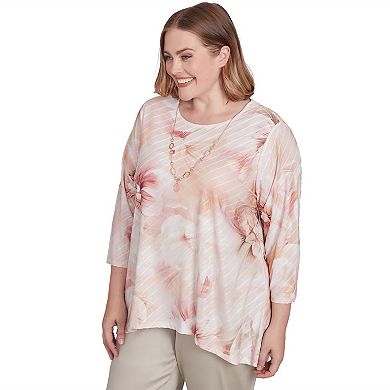 Plus Size Alfred Dunner Textured Watercolor Flower Top with Necklace