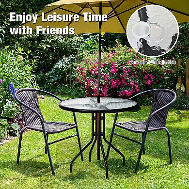 32 Inch Outdoor Patio Round Tempered Glass Top Table with Umbrella Hole