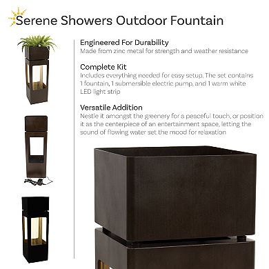 Sunnydaze Serene Showers Zinc Water Fountain with Planter and LEDs - 36"