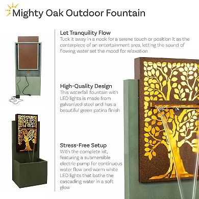 Sunnydaze Mighty Oak Steel Outdoor Water Fountain with LEDs - 41.25"