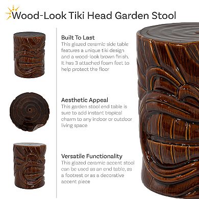 Sunnydaze Wood-Look Tiki Head Ceramic Garden Stool - 17”