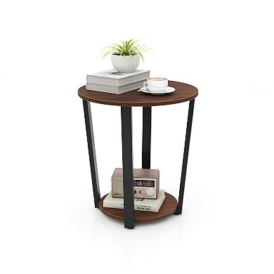 Round End Table with Open Shelf and Metal Frame-Walnut