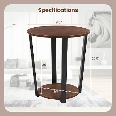 Round End Table with Open Shelf and Metal Frame-Walnut
