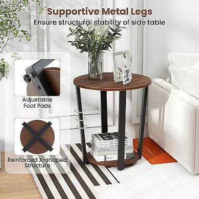 Round End Table with Open Shelf and Metal Frame-Walnut