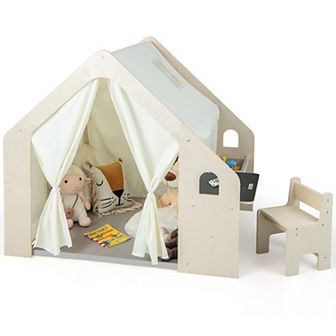 Montessori Style Indoor Playhouse with Storage Bin and Floor Mat for 2-6 Years Old-Beige