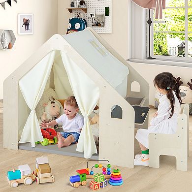 Montessori Style Indoor Playhouse with Storage Bin and Floor Mat for 2-6 Years Old-Beige