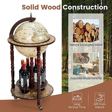 17 Inch Italian Style Design Wooden Globe Liquor Bottle Wine Rack with Wheels